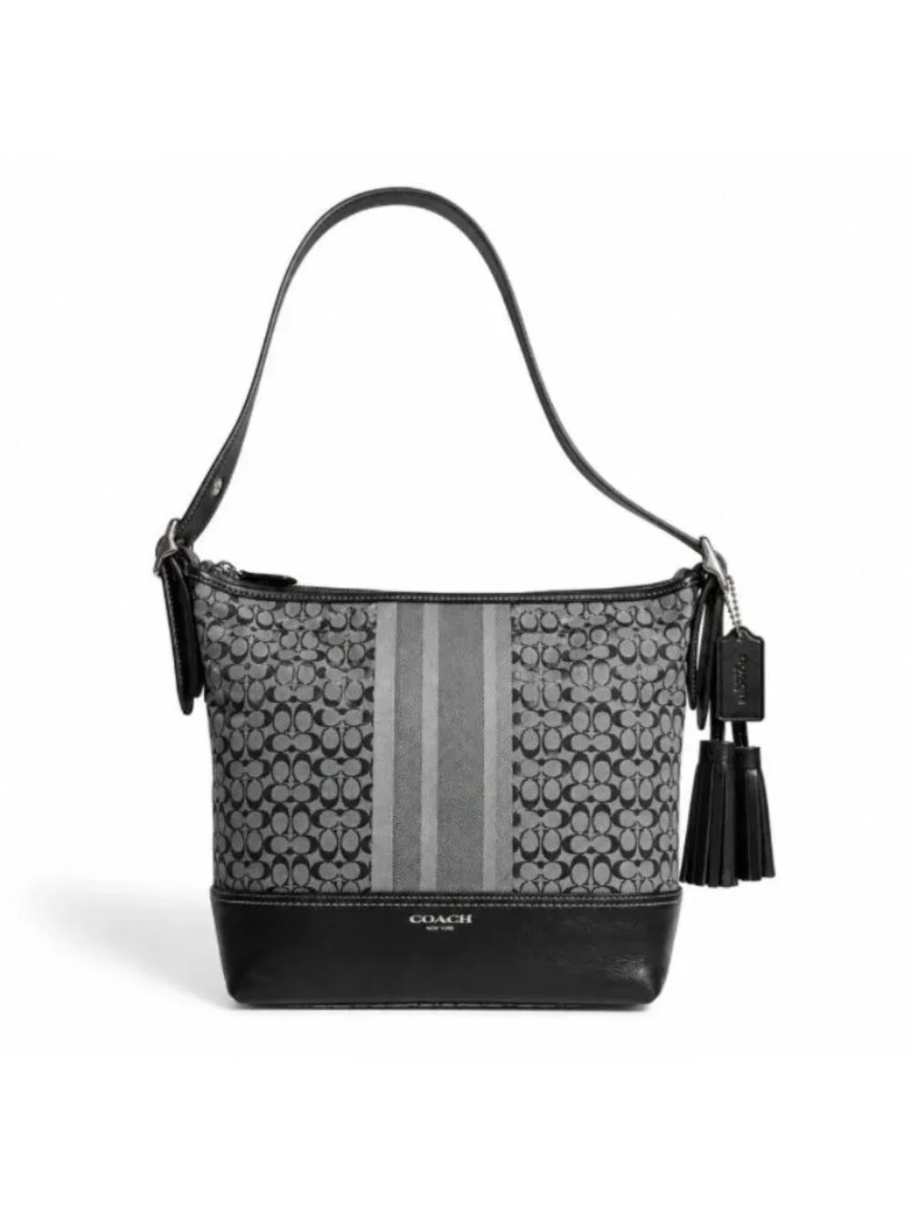 Coach Legacy 19918 Black Gray Signature Stripe Jacquard Duffle Shoulder Bag